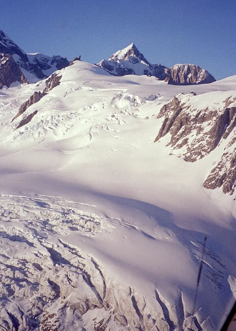 Aoraki Mount Cook view from helicopter with Franz Joseph Glacier below