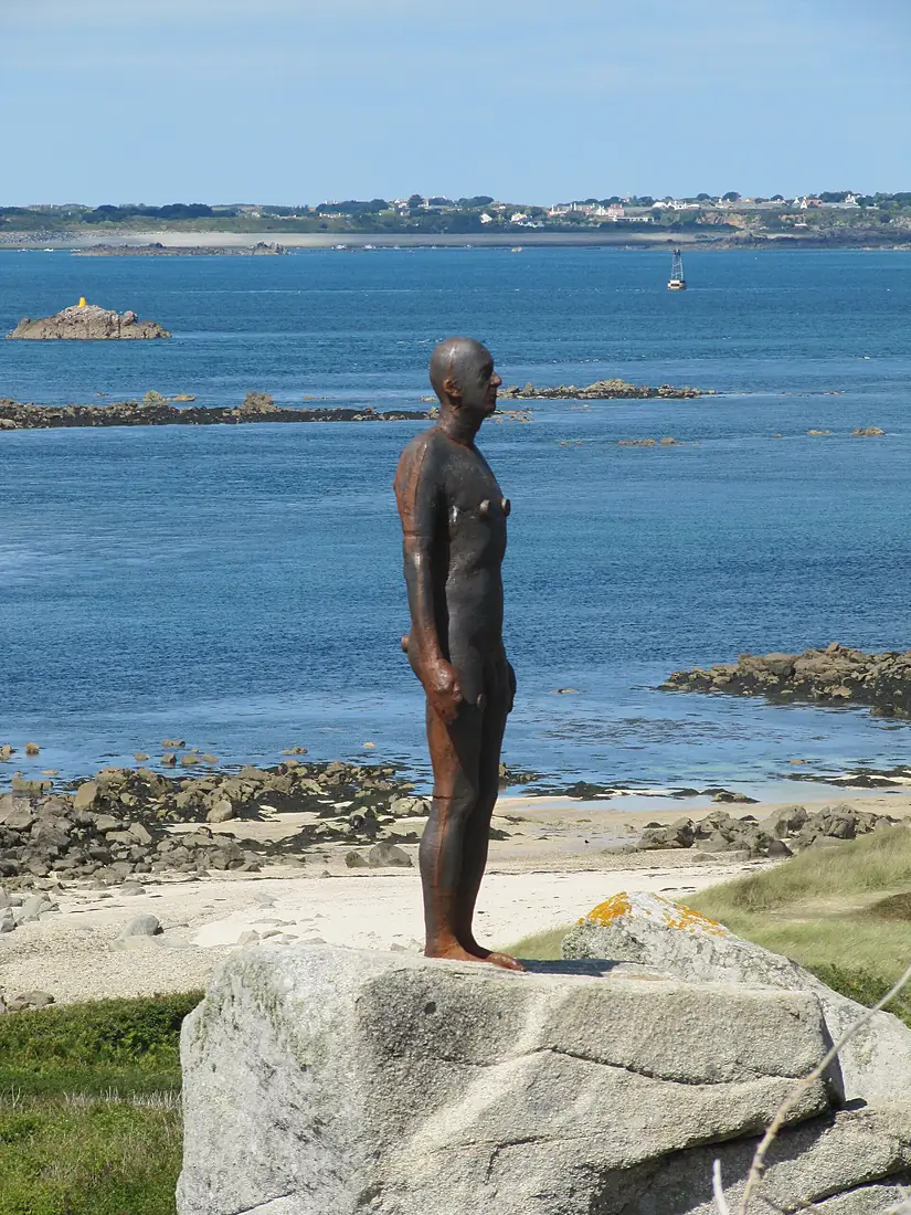 Antony Gormley's "Another Time XI" on Herm - facing right