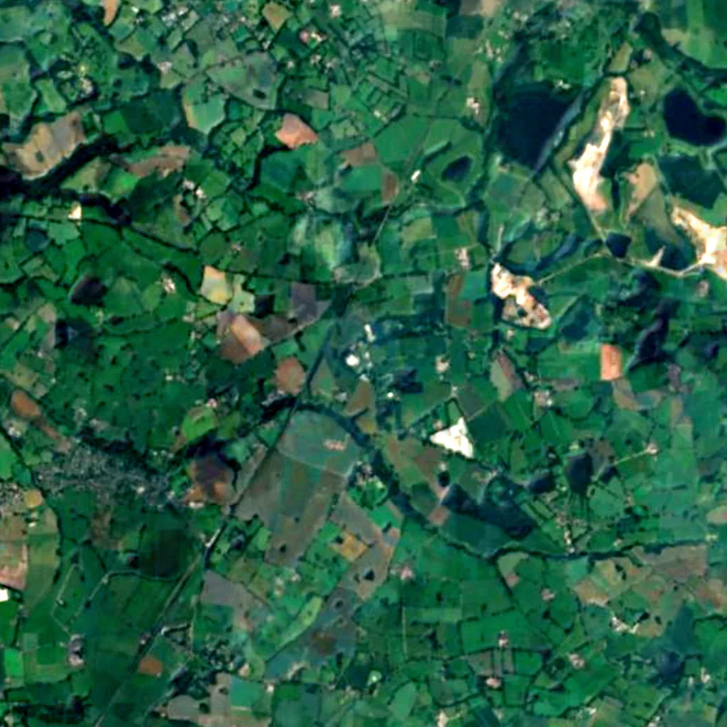 Jodrell-Bank-Radioobservatorium von oben gesehen (Sentinel-2)