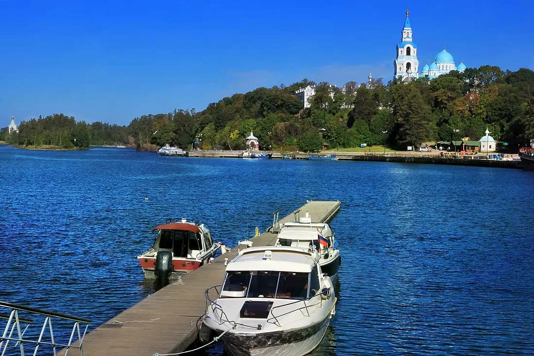 The archipelago in Ladoga Lake with the Monastery of the Transfiguration of the Saviour.